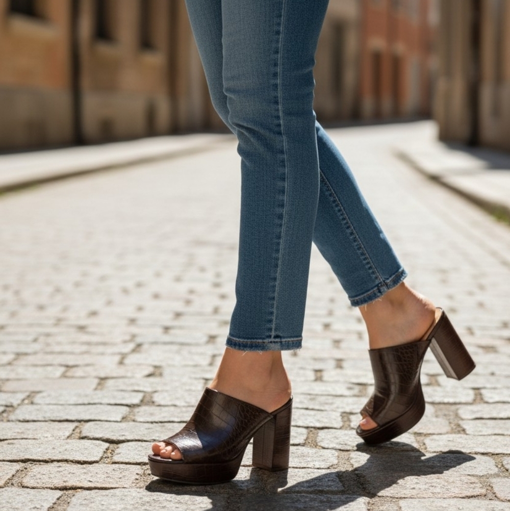 NINE WEST RAVYN PLATFORM OPEN TOE , BLACK,  CROC